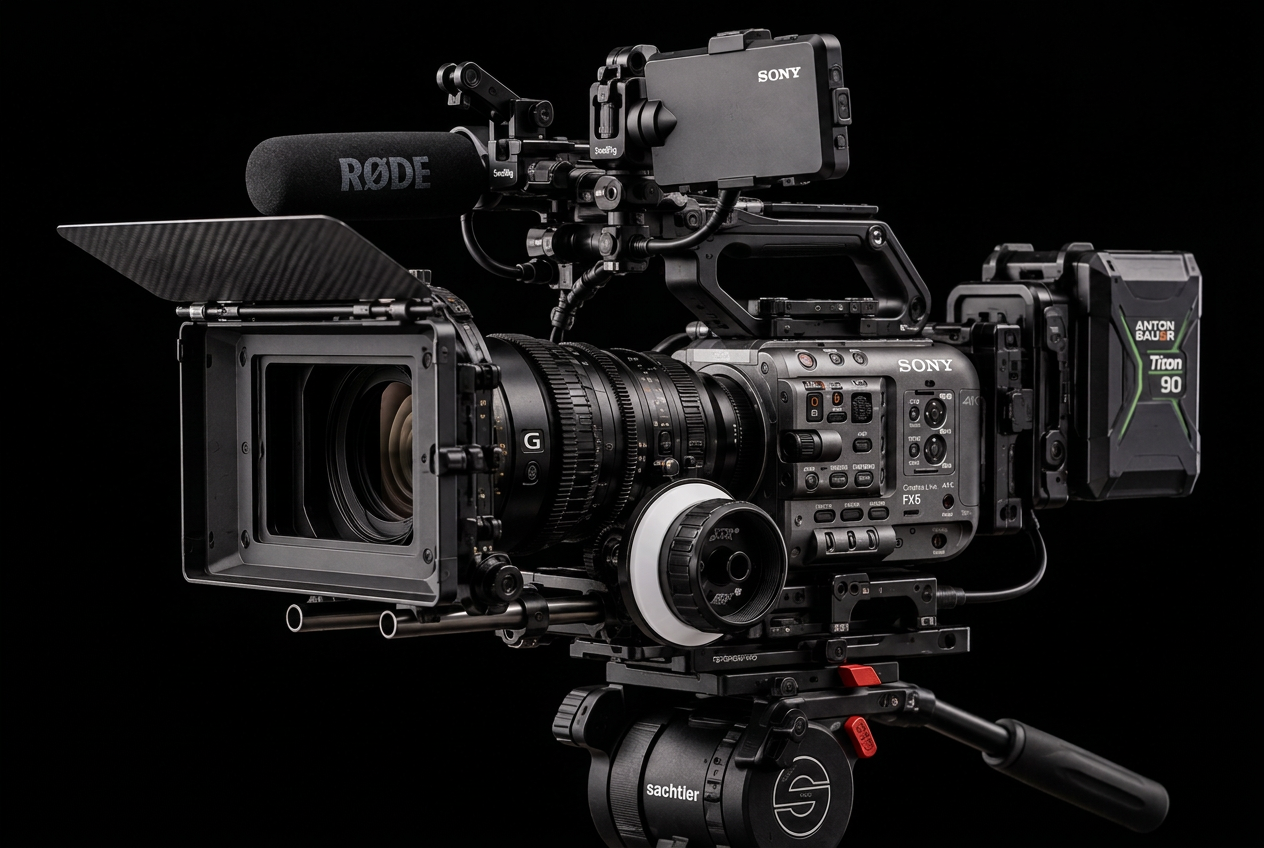Sony FX6 cinema camera rig with RØDE microphone, Anton Bauer battery and Sachtler head on a black background